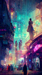 Cyberpunk future illustration in vintage painting style