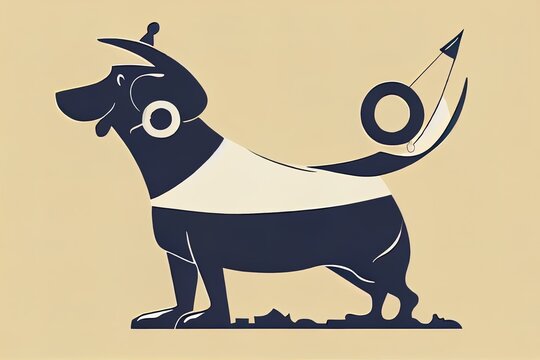 A sea dog, 2d illustration. Anthropomorphic bull terrier, with massive arms and anchor tattoo, in sailor's uniform, standing against buildings' silhouettes. Animal character with human body. Furry