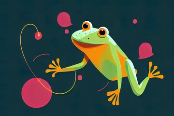 Hipster frog, jumping with joy, isolated 2d illustration. Happy humanized toad. Trendy dressed anthropomorphic frog, floating in a jump. An animal character with a human body.