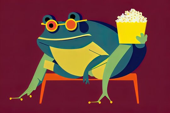 A movie buff, 2d illustration. Calm casually dressed anthropomorphic frog wearing 3D glasses, sitting with his legs crossed and holding a popcorn package. An animal character with a human body.