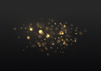 Blur yellow sparks and glitter special light effect. Fine, shiny bokeh dust particles fall off slightly. Defocused golden sparkle, stars and blurry spots. Magical gold flickering lights. Vector.