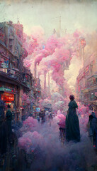 Fototapeta premium Cyberpunk future illustration in vintage painting style