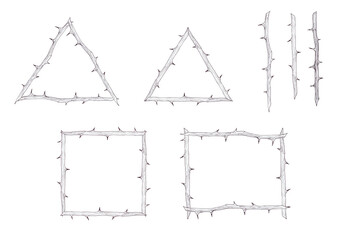 Black and white set of frames of triangle, square, rectangle shape with rose stems with thorns isolated on white background