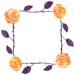Illustration of watercolor square frame with halloween roses isolated on white background