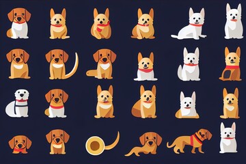 Obraz premium Cute dog set. Business, psychology concepts. Funny animal with hobby, work, life activities. Happy puppy and time management, fishing, playing. Flat 2d illustrations isolated on white background