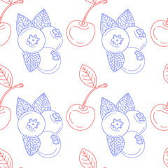 Seamless pattern fruits cherry and Blueberry. linear Blueberry and cherry fruit seamless pattern on white background. vector eps10