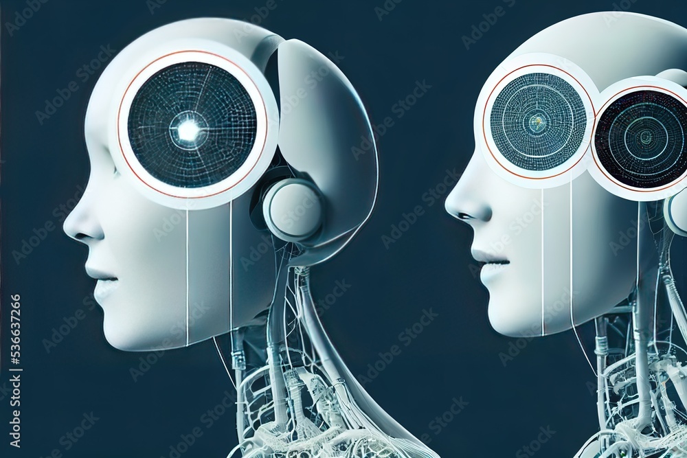 Poster ai in image cybernetic anthropomorphic woman working with matrix data on virtual interface. head or 