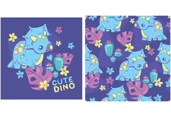 Cute little Dinosaur girl on the blue background hand drawn summer print for kids fabric Vector Illustration