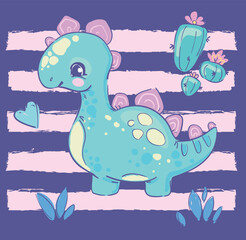 Cute Dinosaur girl hand drawn summer print for kids clothes, t-shirts Vector Illustration