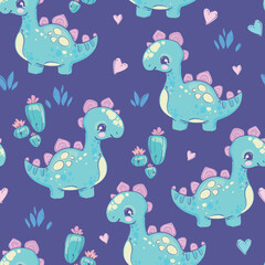 Cute little Dinosaur girl on the blue background seamless pattern summer print for kids fabric Vector Illustration