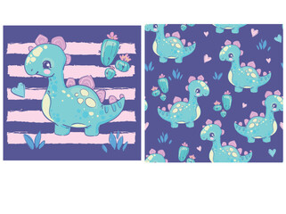 Cute Dinosaur girl on the blue background hand drawn summer print and seamless pattern for kids Vector Illustration