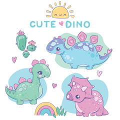 Set Dinosaur girl and sun with rainbow hand drawn summer baby print Vector Illustration