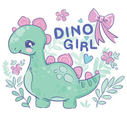 Cute Dinosaur girl and pink bow hand drawn summer kids print Vector Illustration