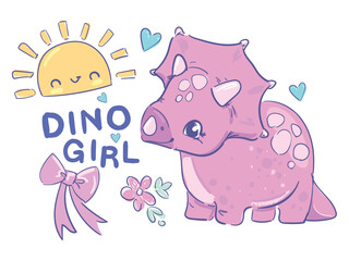 cute little Dinosaur girl hand drawn summer print for kids clothes, t-shirts Vector Illustration