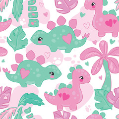 cute little Dinosaur girl on the white background seamless pattern hand drawn print for kids fabric Vector Illustration