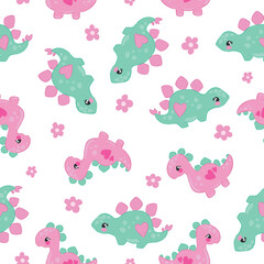 cute little Dinosaur girl on the white background seamless pattern hand drawn print for kids fabric Vector Illustration