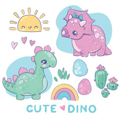 Obraz na płótnie Canvas Set cute Dinosaur girl and sun with rainbow hand drawn summer baby print Vector Illustration