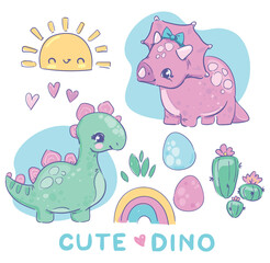 Set cute Dinosaur girl and sun with rainbow hand drawn summer baby print Vector Illustration