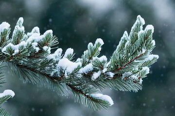 Winter Fir Pine Bough Detail, with Snow and Frost, Dramatic Natural Light, stunning background Nature Photo with short depth of field. - 536637666