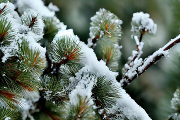 Winter Fir Pine Bough Detail, with Snow and Frost, Dramatic Natural Light, stunning background Nature Photo with short depth of field.