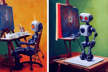 anthropomorphic robot artist in the studio next to the easel, painting and paints while working neural network generated art, picture produced with ai in 2022