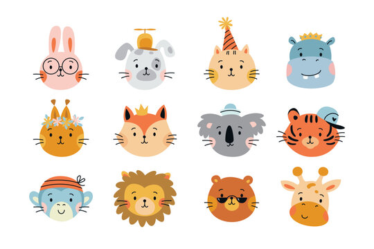 Cartoon cute animals. Vector set with animal heads. Lion, dog, rabbit, bear, squirrel, tiger, cat, fox, hippo, giraffe, koala, monkey.