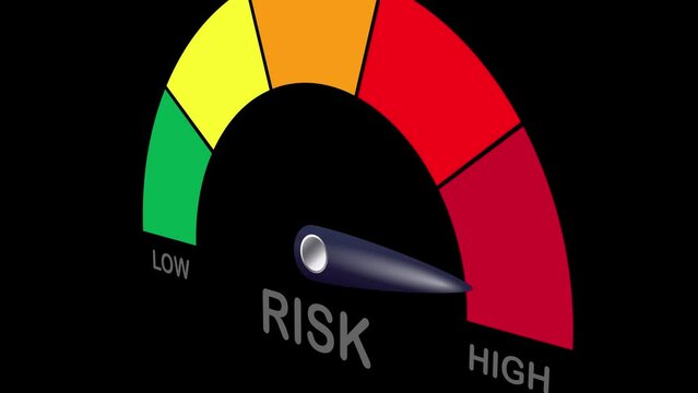  3D Risk Gauge High Indicator on Dark Background.
Animation of Colorful Speedometer Icon with arrow in the red zone Color. Dangerous and Risky. Three dimensional camera View high quality video 
