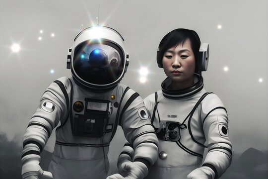 China's first astronaut with android walking on the lunar surface making selfie. First chinese manned mission to the moon. The space race between the superpowers of the US and China. SCFI Illustration