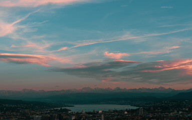 sunset over the mountains and the lake of Zurich