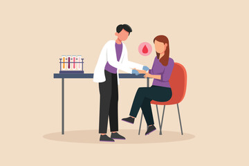 Male Nurse treats the patient's arm with alcohol cotton wool before taking blood from vein. Doctor and patient concept. Vector illustration. 