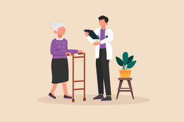 Male doctor explain diagnosis to elderly patient with a walker. Doctor and patient concept. Vector illustration. 
