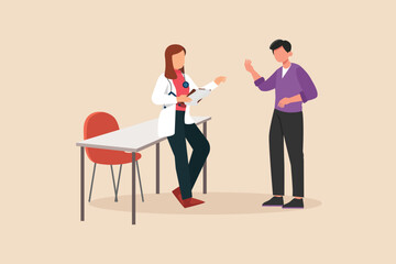 Female doctor with stethoscope explain medical history to sick patient. Doctor and patient concept. Vector illustration. 