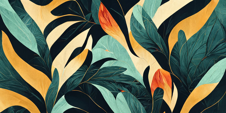 Modern exotic floral jungle pattern. Collage contemporary seamless pattern. Hand drawn cartoon style pattern. Generative AI