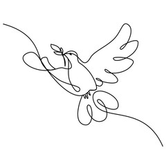Fototapeta premium Dove with olive Branch One Continuous Line Drawing Bird symbol of Peace and Freedom Simple linear style. Editable stroke. Doodle vector illustration One Line Vector Illustration Isolated on a white 
