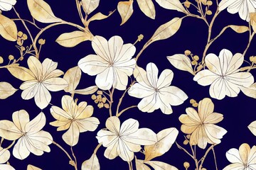 Floral seamless pattern with abstract blue and beige flowers, delicate branches and leaves. Watercolor print isolated on white background for textile or wallpapers.