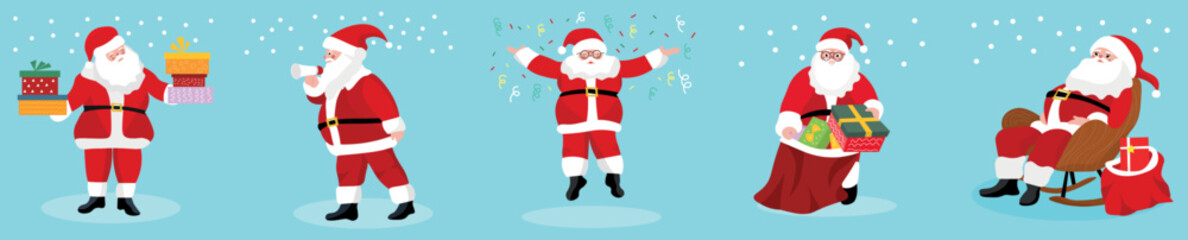 Set of Santa Clauses on light blue background