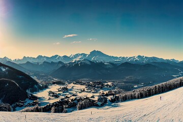 Panoramic view of mountains near Brianson, Serre Chevalier resort, France. Ski resort landscape on clear sunny day. Mountain ski resort. Snow slope. Snowy mountains. Winter vacation. Panorama, banner. - obrazy, fototapety, plakaty