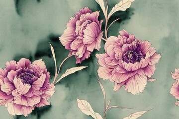 Beautiful purple peony flowers with green leaves on background. Seamless floral pattern. Watercolor painting. Hand drawn illustration. Can be used as a design for fabric or wallpaper, bed linen.