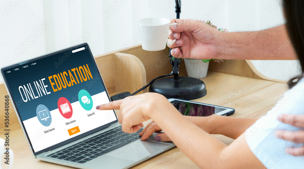 Poster e-learning website with modish sofware for student to study online on the internet network