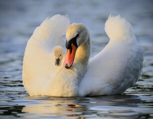 Closeup of a gorgeous white swan flapping her wings with her baby hanging on to her in a calm lake © Donna Samuels/Wirestock Creators