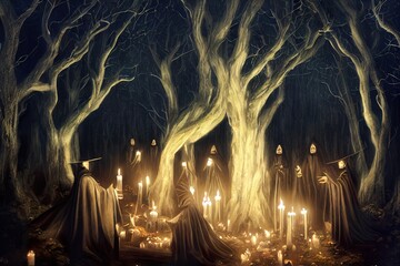 A gloomy dramatic background witches in black cloaks perform a ritual in a dark gloomy forest Background for Halloween holiday Magic atmospheric background witchcraft 3D illustration - obrazy, fototapety, plakaty