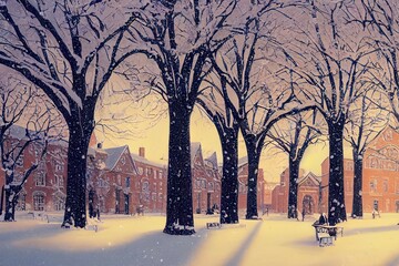 Beautiful College Green on Ohio University's campus covered in snow during the winter (Athens, Ohio). - obrazy, fototapety, plakaty