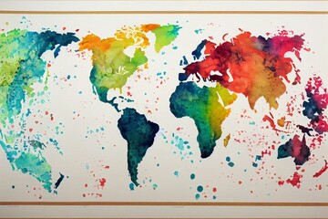 Watercolor world map. Geographical map. Hand painted earth isolated on white. Nursery print