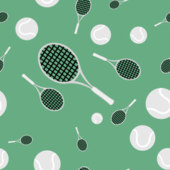 A tennis racket and a tennis ball in black and white on a green background - seamless pattern