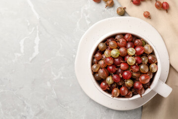 Cup with ripe gooseberries on light grey marble table, flat lay. Space for text