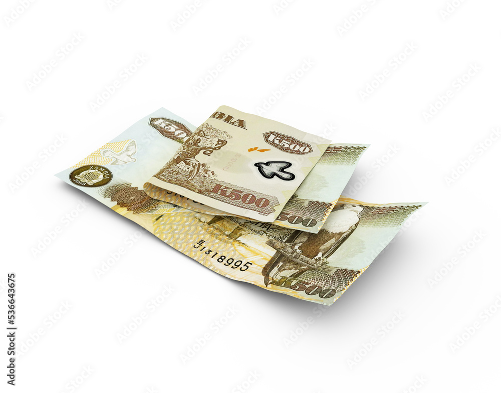 Poster 3d rendering of double 100 zambian kwacha notes with shadows on white background
