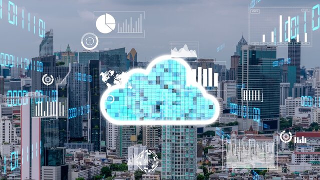 Cloud computing technology and online data storage for alteration data sharing . Computer connects to internet network server service for cloud data transfer shown in 3D futuristic graphic interface .