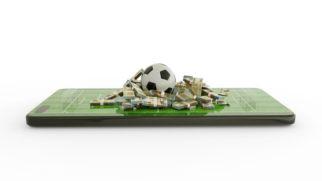 3d rendering of Mobile phone Soccer betting. Football and Zambian kwacha notes on phone screen. Soccer field on smartphone screen isolated on white background. bet and win concept