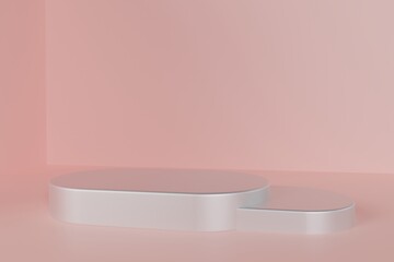 Oval white podium with pink background abstract  stage platform 3d stand. 3D rendering
