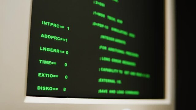 Retro pc with loading code console, programmer making scripts, green basic screen, Old computer studio close-up, Desktop vintage retro wave display, late 90s PC.